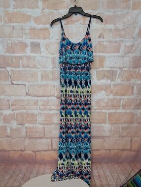 NWT Trixxi Blue Multi-Print Spaghetti Strap Maxi Dress